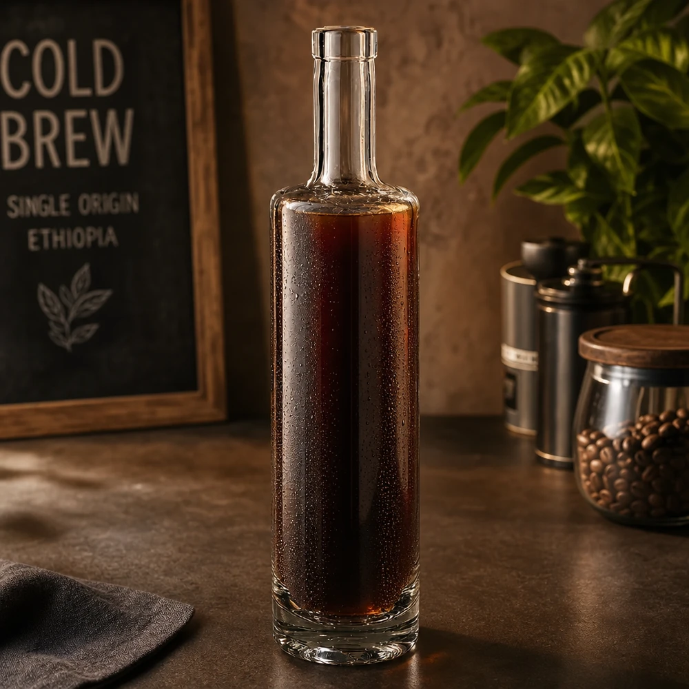 500ml glasflaska Lina fylld med kallbryggt kaffe i en stilren coffee shop-atmosfär med kaffebönor och vintage deodorant.