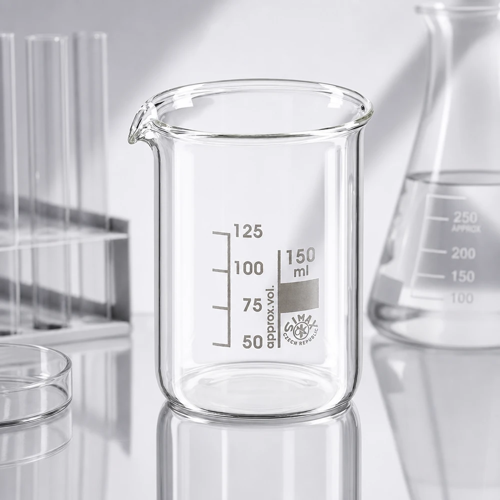 Bägare 150ml borosilikatglas, låg form Transparent bägare i borosilikatglas 150 ml med praktisk pip för enkel dekantering