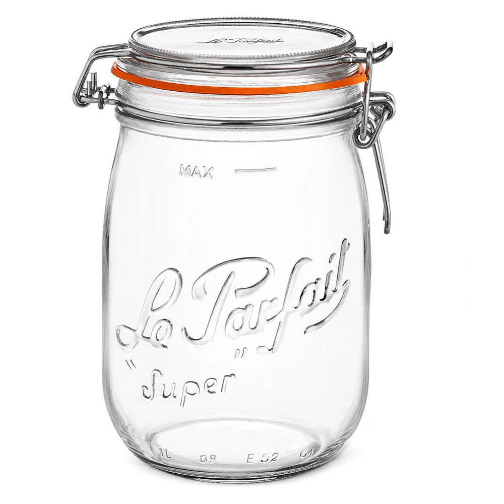 Le Parfait Super förvaringsburk 1000 ml med svängbar topp och orange förseglingsring av klarglas