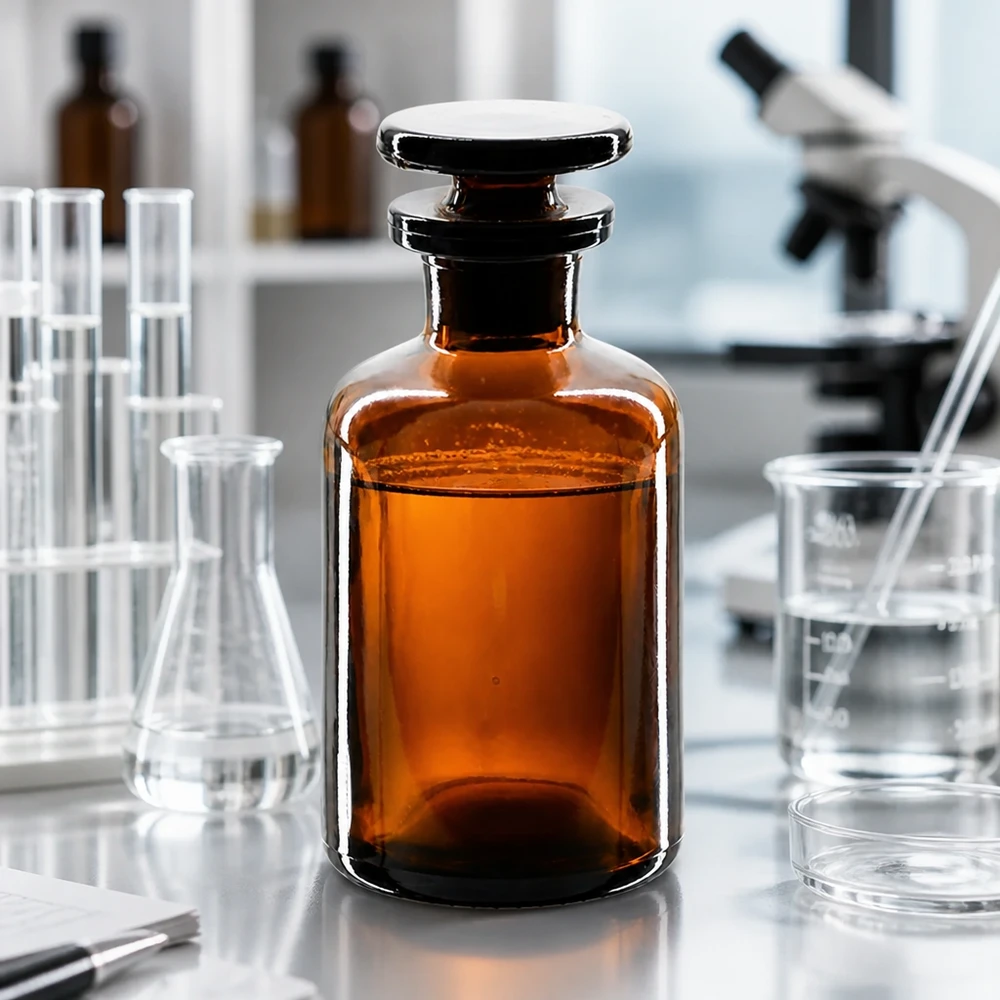 Rund axelflaska 50ml brun glaspropp med smal hals Rundskuldrad flaska i brunt glas, 50 ml, med smal hals och glaspropp för kemikalier i laboratoriet