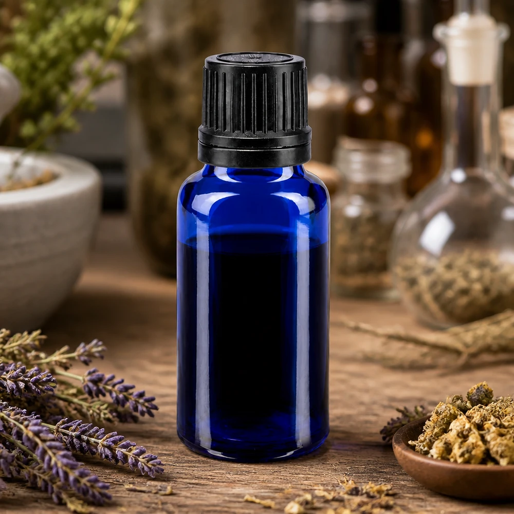 Apoteksflaska blå 20ml dropplock hällring 1mm svart manipuleringssäkert lock 20 ml ApoGlas-droppflaska i blått med svart lock på ett träbord med lavendel och örter