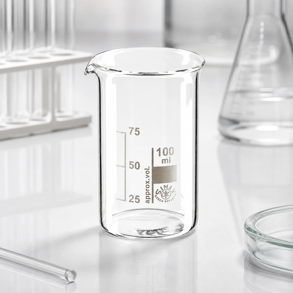 Tomt bägarglas, 100 ml, hög modell av borosilikatglas med ingraverad måttskala från 25 till 75 ml