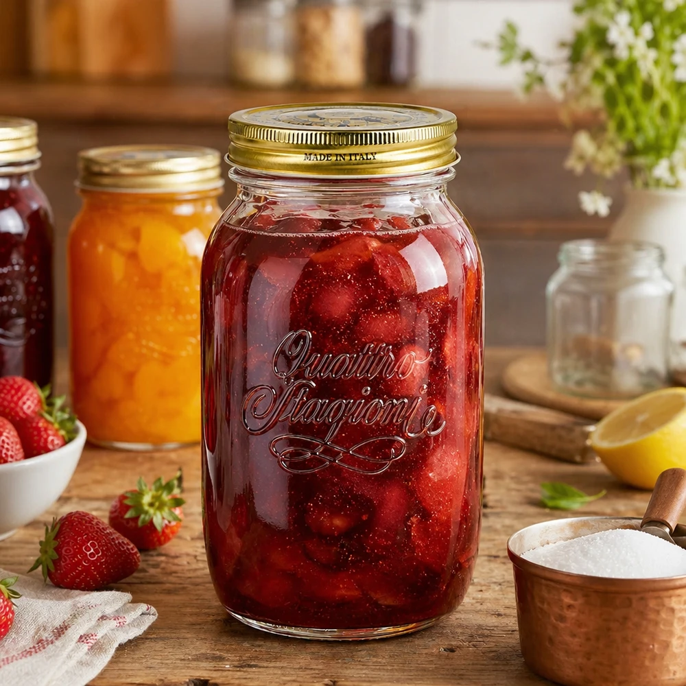1500ml rund glasflaska "Quattro Stagioni" med lock Quattro Stagioni 1500ml konserveringsburk fylld med jordgubbssylt Köksscen Italiensk konserveringsburk jordgubbssylt