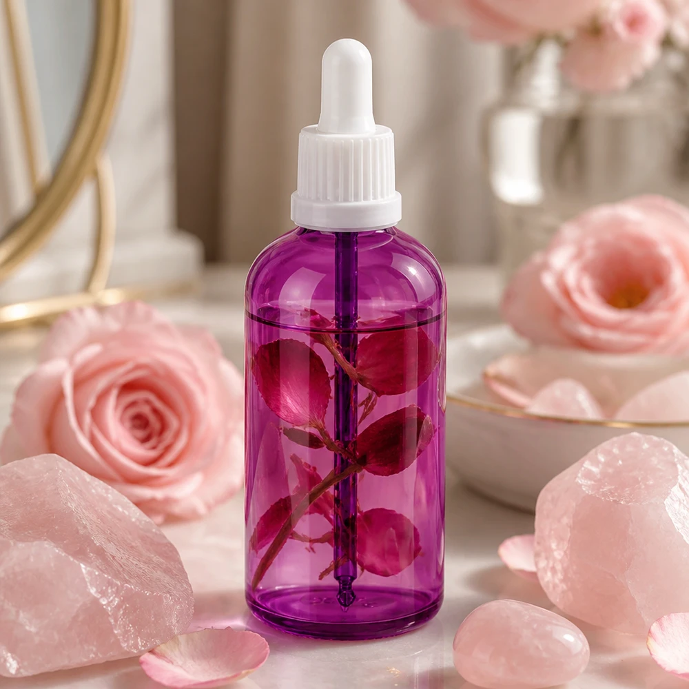 100ml pipettflaska vit Originality skruvkork PurpleLine UT18/100 100 ml kosmetikflaska med pipett i violett för ansiktsserum och hudvårdsoljor