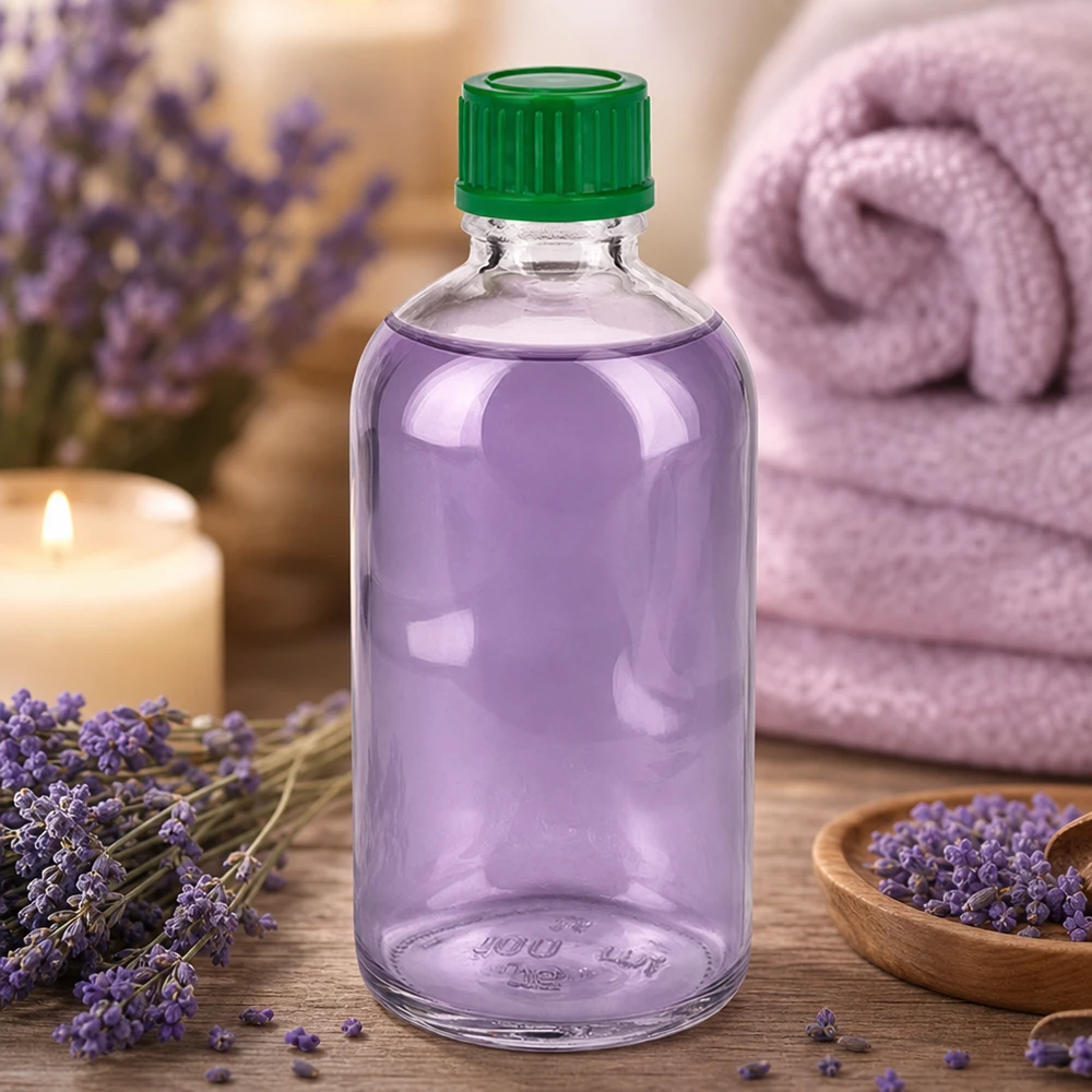 Lavendelolja i en 100 ml glasflaska med rundad axel, modell ClearLine UT18/100, med grönt lock