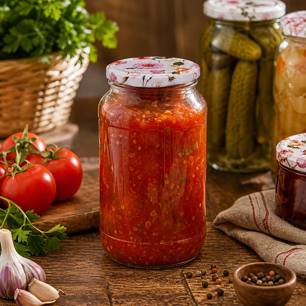 1062ml rund burk + BasicSeal-lock blomma rosa UNiTWIST Konserveringsburk 1062ml fylld med tomatsås visar praktisk användning av det rosa blomlocket i köket