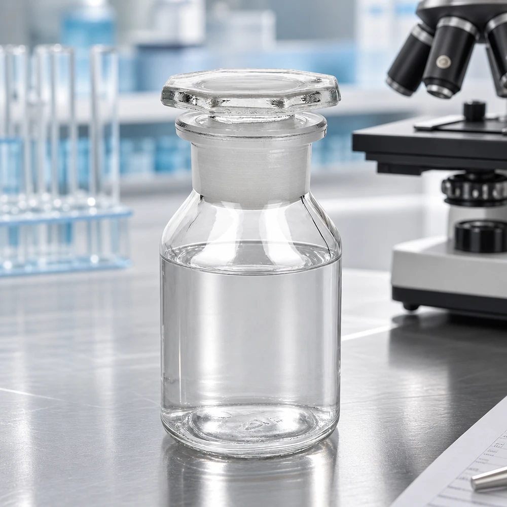 Branthalsad flaska 50ml klar glaspropp med bred hals Flaska med brant bröst, 50 ml, klar, vid hals med inslipad glaspropp, på laboratoriebordet bredvid mikroskopet