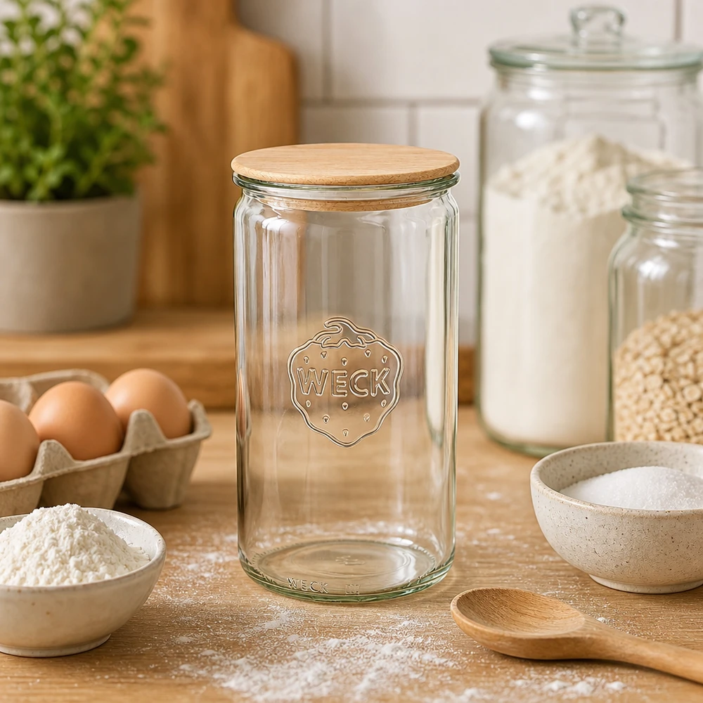 1590ml cylinderburk WECK RR100 med trälock WECK burk 1590ml RR100 tom i bakningskök med mjöl, ägg och bakingredienser för brödbakning och degberedning