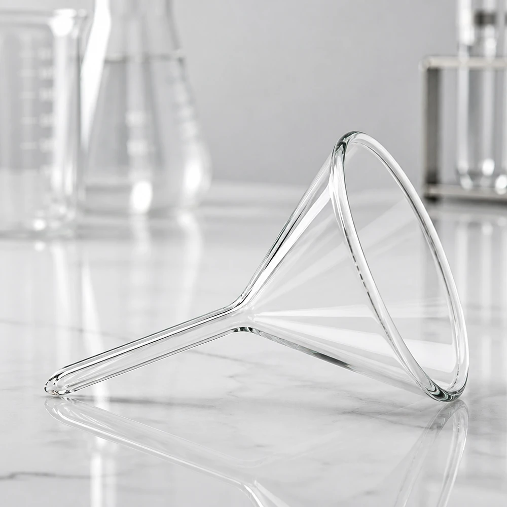 Tratt ø40mm soda lime, vinkel 60°, kort modell Exakt 40 mm laboratorietratt tillverkad av högkvalitativt sodakalkglas med optimerad 60-graders trattform