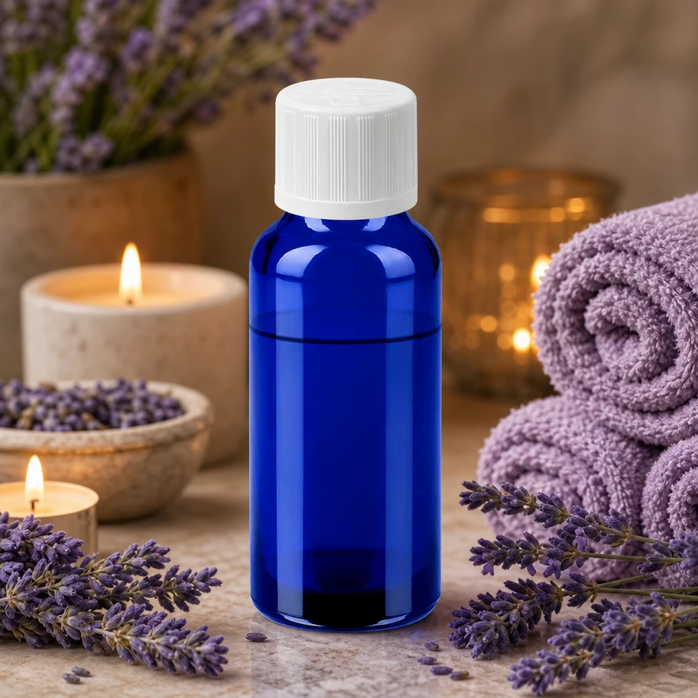 Liten 20 ml flaska i elegant koboltblå med vitt lock för aromaterapi och wellness