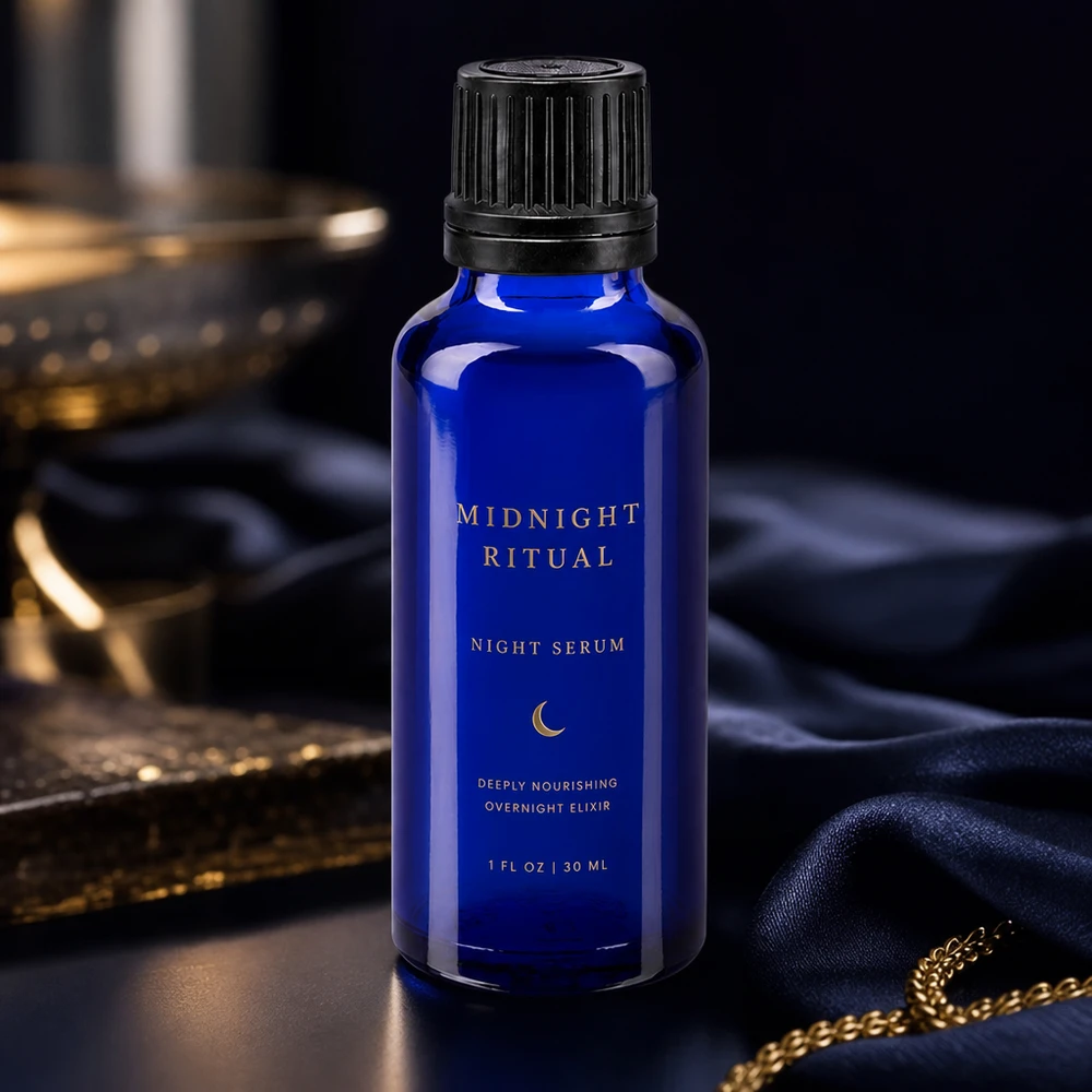Midnight Ritual Night Serum i en koboltblå 30 ml apoteksflaska med ett räfflat svart lock