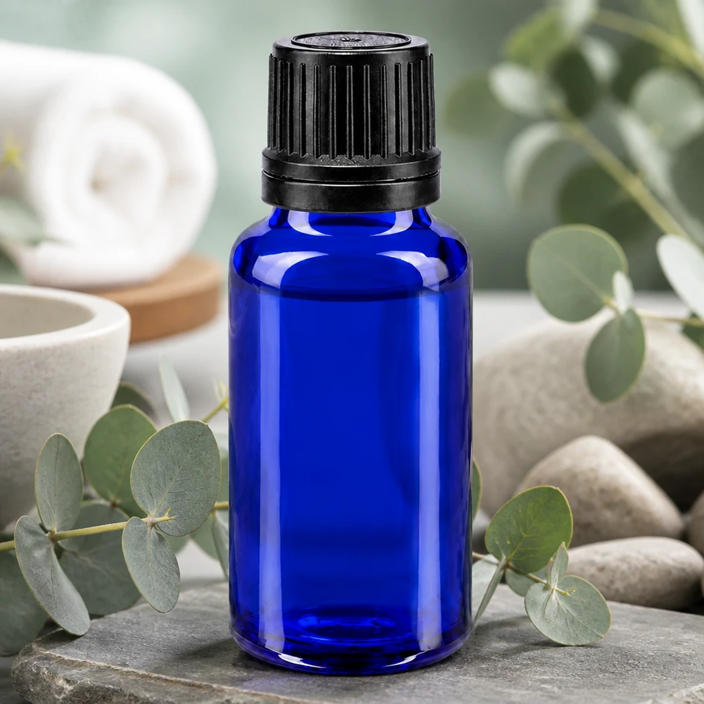 Koboltblå 20 ml apotekarflaska med svart skruvlock på natursten med eukalyptus