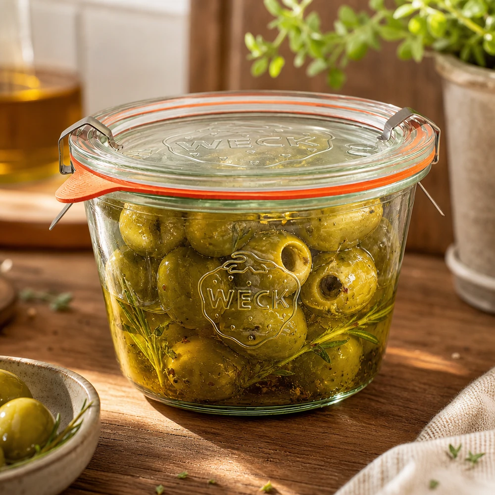 WECK RR100 burk 370ml fylld med inlagda oliver i olja visar perfekt konservering av antipasti