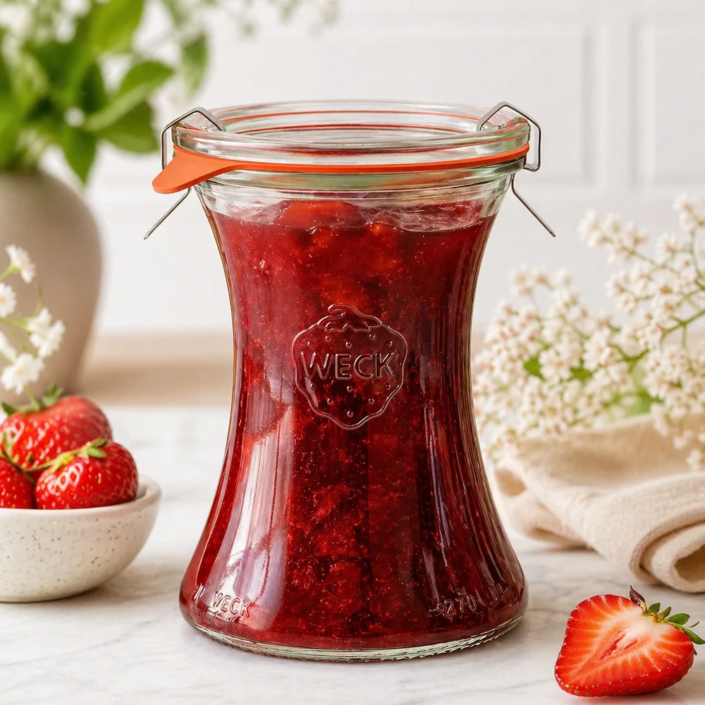 WECK delikatessburk 370ml RR80 fylld med hemgjord jordgubbssylt Masonburk med svängbart lock Lifestyle