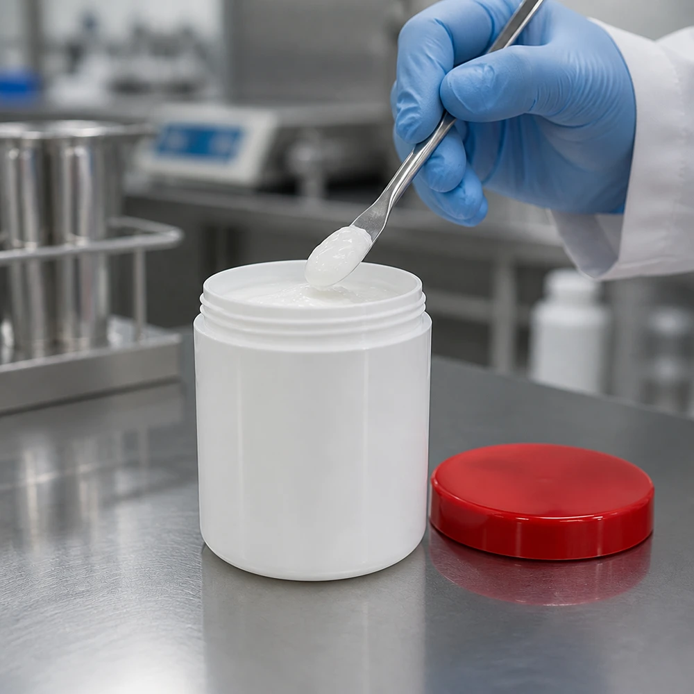 Salvburk 250g vit med rött skruvlock (polypropylen) Vit salvorburk på 250 g med rött lock – närbild i laboratoriet med spatel