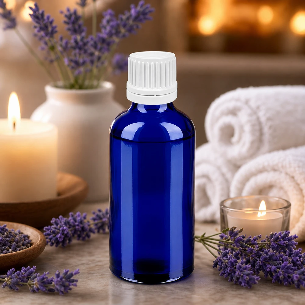 50 ml Droppflaska 0,7 mm vit med säkerhetsförslutning BlueLine UT18/50 Blå 50 ml glasflaska med vitt skruvlock för eteriska oljor och aromaterapi BlueLine UT18/50