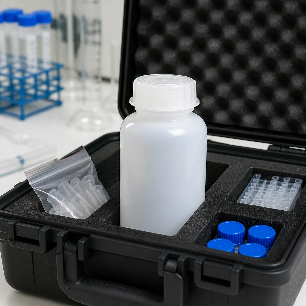 500ml laboratorieflaska med bred hals och skruvkork Mobiles Beprobungskit mit 500ml Weithalsflasche und Kunststoffgefäßen im gepolsterten Koffer