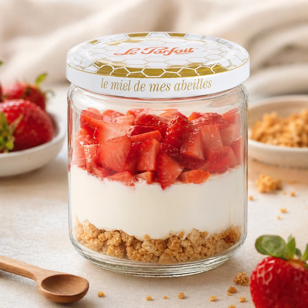 Le Parfait 212 ml förvaringsburk med honung som används som dessertskål med jordgubbar, yoghurt och kexbotten