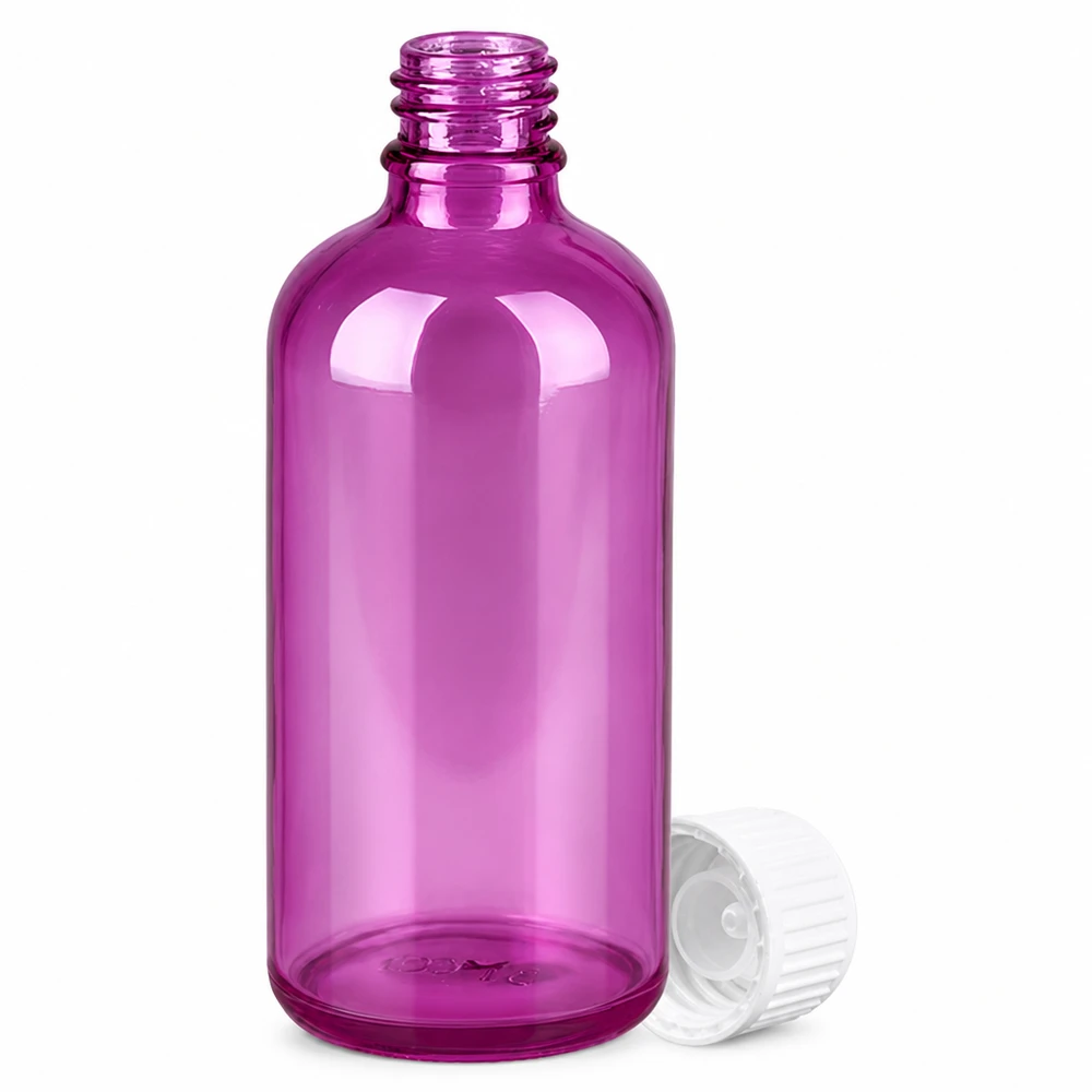 100ml (globule) flaska 3mm hällring vit Standard PurpleLine. UT18/100 Violett 100 ml glasflaska med UT18-gänga och transparent lock för eteriska oljor