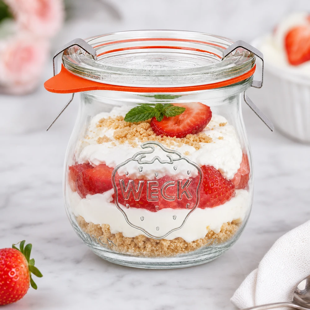 WECK tulpanburk 75ml som en dessertburk med jordgubbs- och gräddlagrad dessert och kexsmulor snyggt presenterad