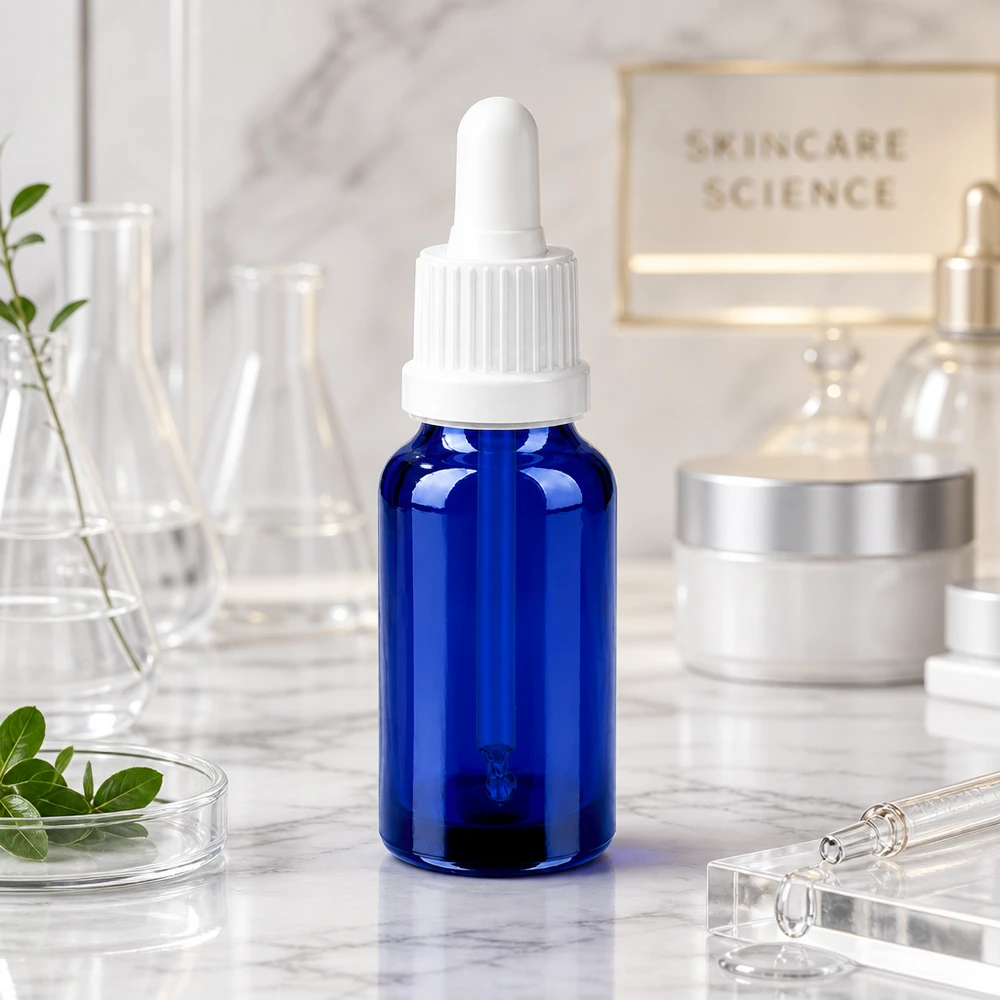 20 ml pipettflaska vit med säkerhetsförslutning BlueLine UT18/20 Högkvalitativ 20 ml glasflaska med droppipett för serum och hudvård