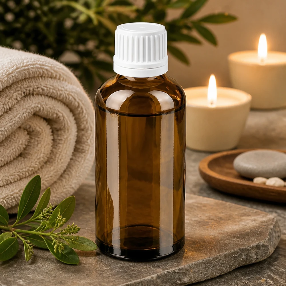 Kompakt 50 ml glasflaska i brunt med vitt lock för aromaterapi och wellness
