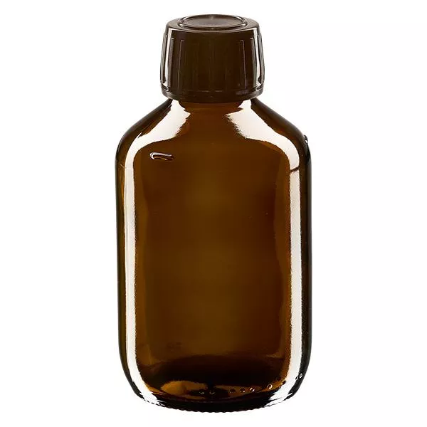 200 ml medicinflaska brun, brun kapsyl med säkerhetsring ApoGlas