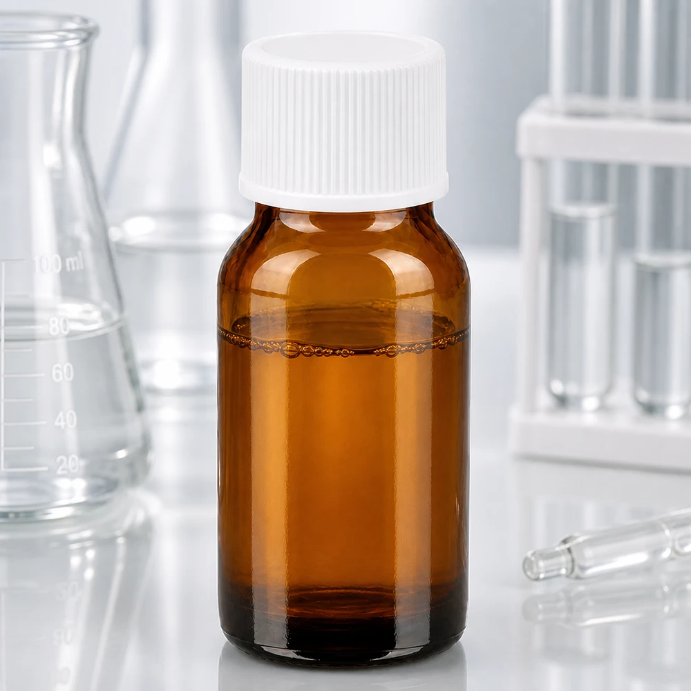 Kompakt 10 ml laboratorieflaska av bärnstensfärgat glas med vitt lock för exakt dosering