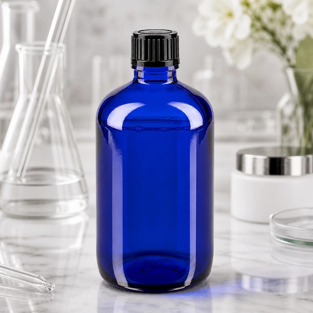 Apoteksflaska blå 100ml skruvkork svart standard Koboltblå glasflaska på 100 ml med svart skruvlock i laboratoriemiljö