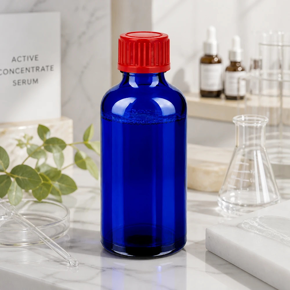 50ml flaska 11mm skruvkork röd standard BlueLine UT18/50 Kompakt 50 ml apoteksflaska av koboltblått glas med standardiserat 11 mm skruvlock