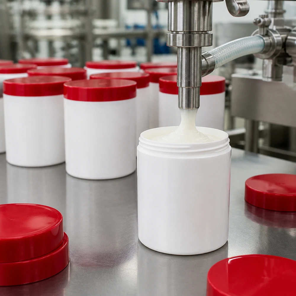 Salvburk 300g vit med rött skruvlock (polypropylen) Fyllningsanläggningen fyller vita PP-salvburkar på 300 g med röda skruvlock under produktionen