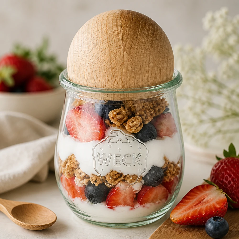 WECK tulpanburk RR60 220ml som yoghurtparfait med bär och nötter, kulpropp i bokträ för desserter