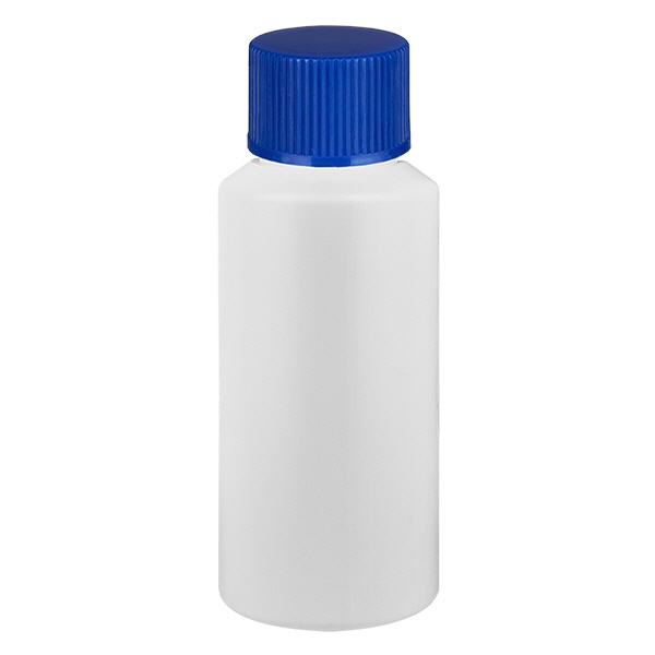 Apoteksflaska HDPE 30ml vit, med blått skruvlock Apoteksflaska HDPE 30ml vit, med blått skruvlock