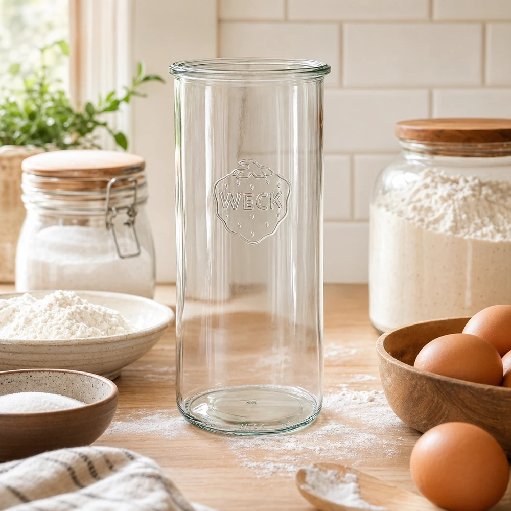 1500 ml burk WECK RR100 1500 ml WECK RR100 förvaringsburk i glas i ett rustikt kök med ägg och mjöl på en bänkskiva av trä
