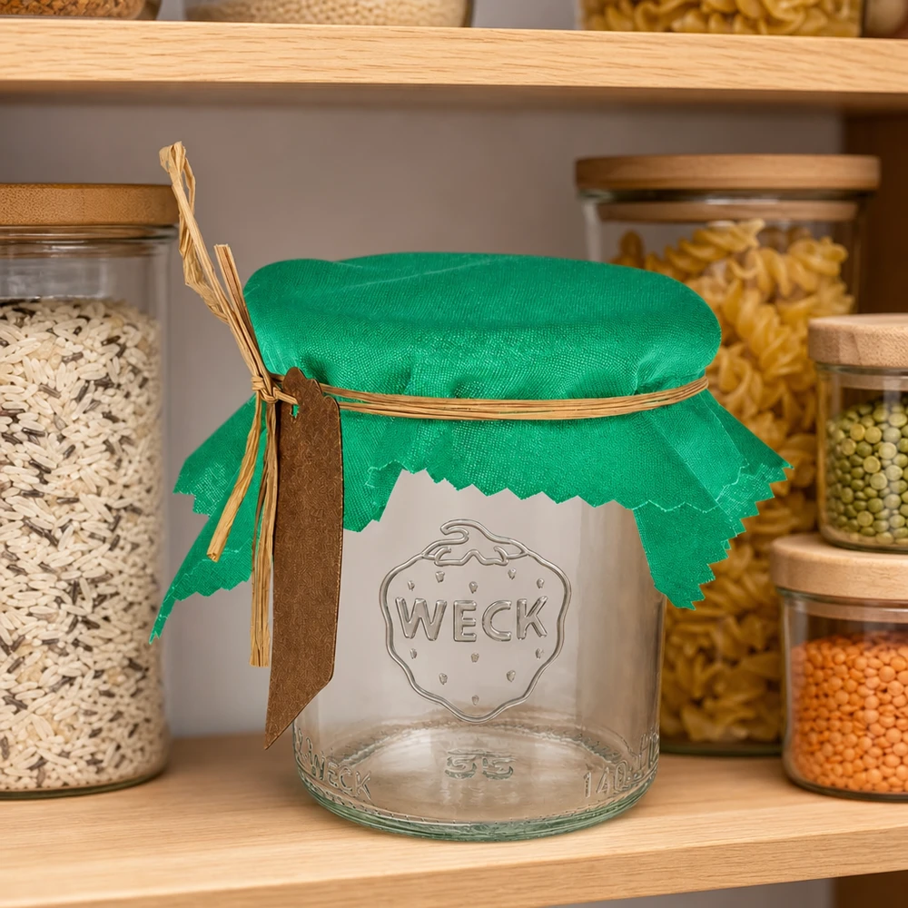 Smyckesunderlägg i tyg grön 12cm kvadrat Grünes Schmuckdeckchen 12cm auf Einmachglas in stylischer Küche mit Vorratsgläsern - dekorative Glasabdeckung