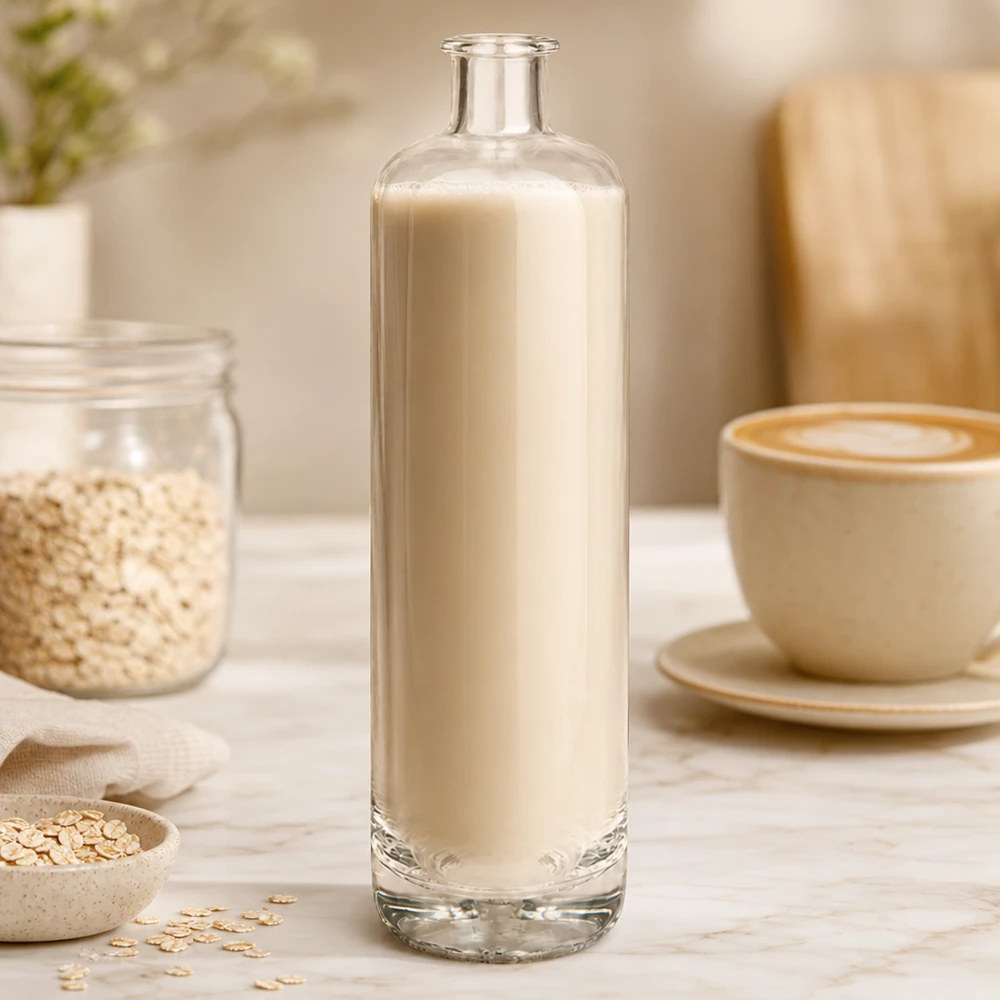 700 ml glasflaska Ella utan lock UNiTWIST® 700 ml glasflaska Ella fylld med krämig havremjölk bredvid havreflingor och kaffekopp i en naturlig köksscen