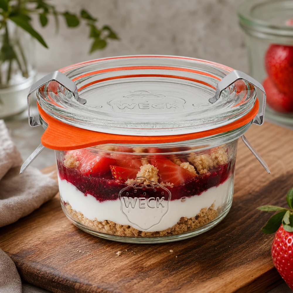 50ml Krossade glasögon komplett WECK RR60 WECK 50 ml-glas RR60 med lagrad dessert av jordgubbar och grädde som ett exempel på tillämpning för söta desserter
