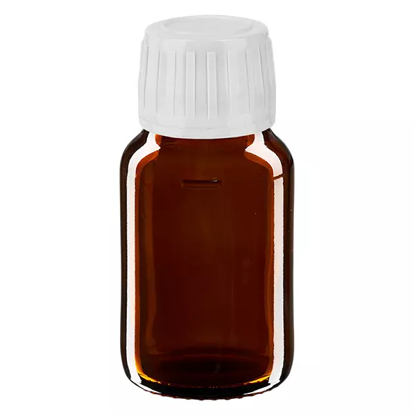 Eurofrasco för läkemedel 30 ml, brun PP28 med vit skruvlock.