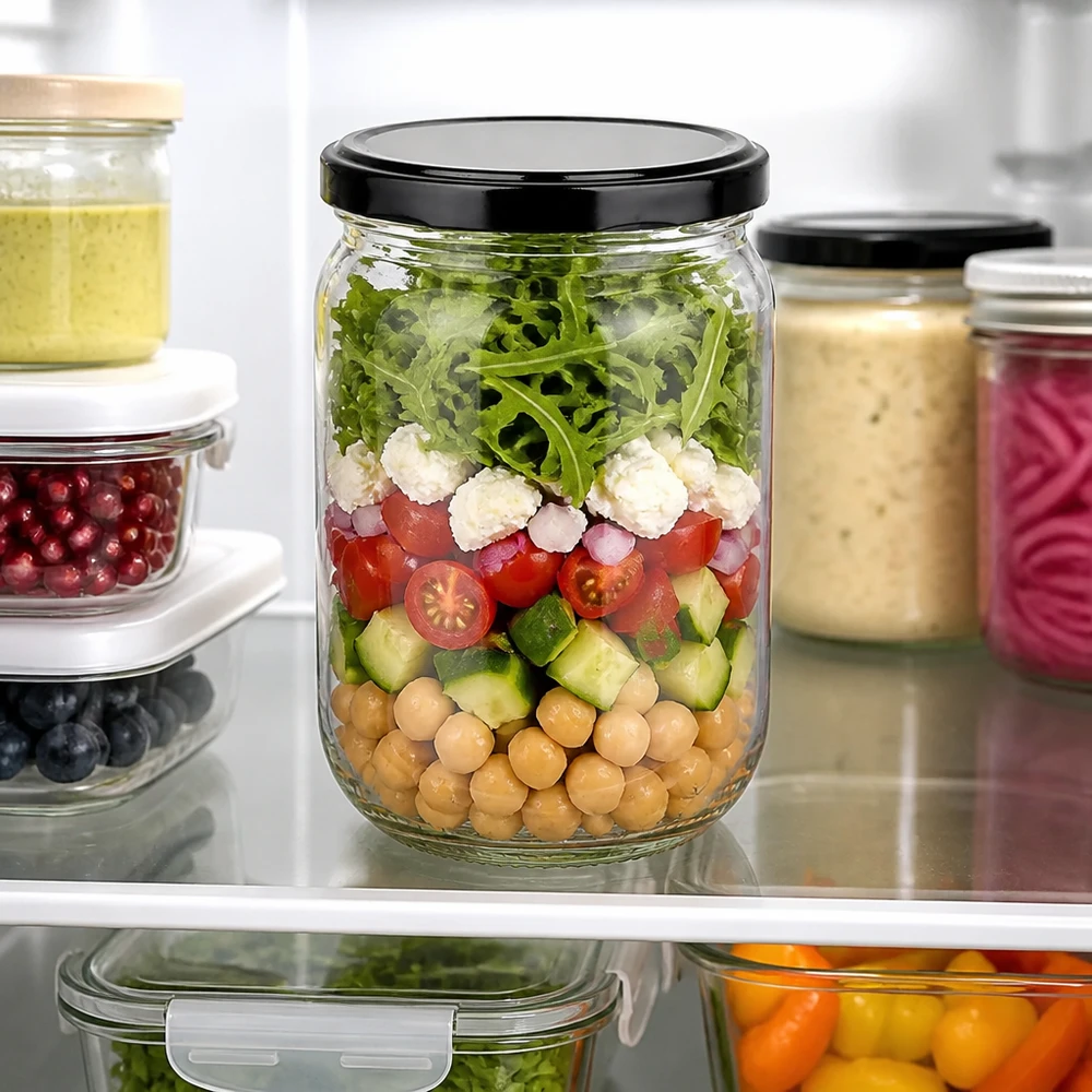 555 ml runt glas + BasicSeal-lock, svart, UNiTWIST 555 ml rund glasburk med svart BasicSeal-lock, fylld med skiktsallad i kylskåpet