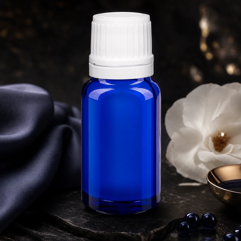 Apoteksflaska blå 10ml skruvkork vit säkerhetsförslutning Ljusskyddsflaska, 10 ml, i blått med vit kork för känsliga eteriska oljor