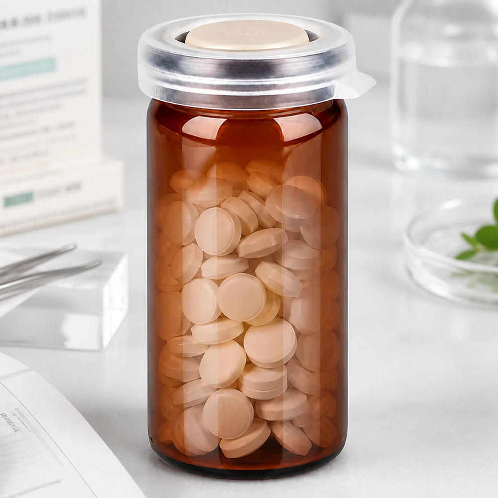 Medicinsk brun glasflaska på 10 ml med genomskinligt snäpplock, fylld med ljusa, runda tabletter