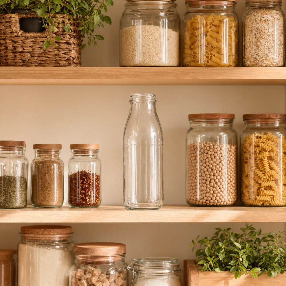 500ml glasflaska utan lock (TO48) UNiTWIST 500ml Glasflasche TO48 UNiTWIST in moderner Vorratsküche zwischen Gewürzgläsern und Pasta-Behältern auf Holzregalen