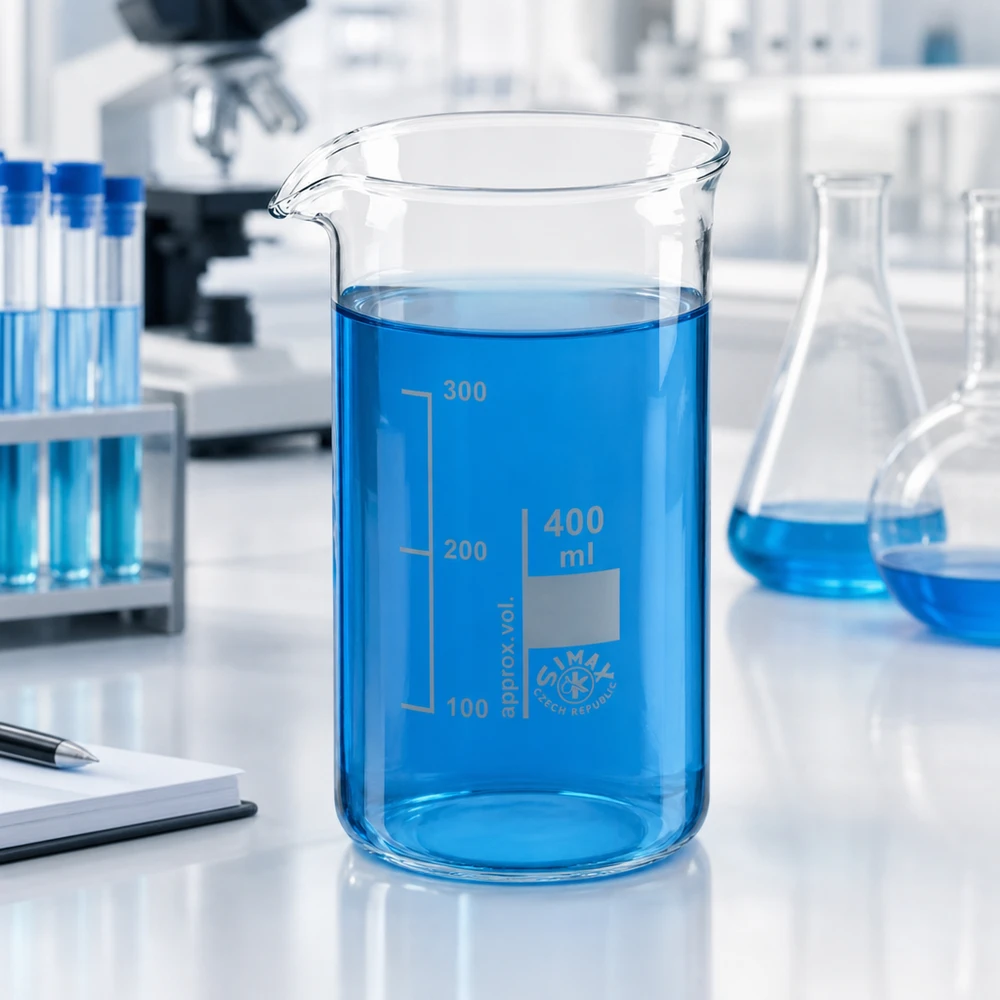Bägare 400ml borosilikatglas, hög form Laborationsbild: 400 ml högt bägarglas med blå vätska på ett vitt laboratoriebord