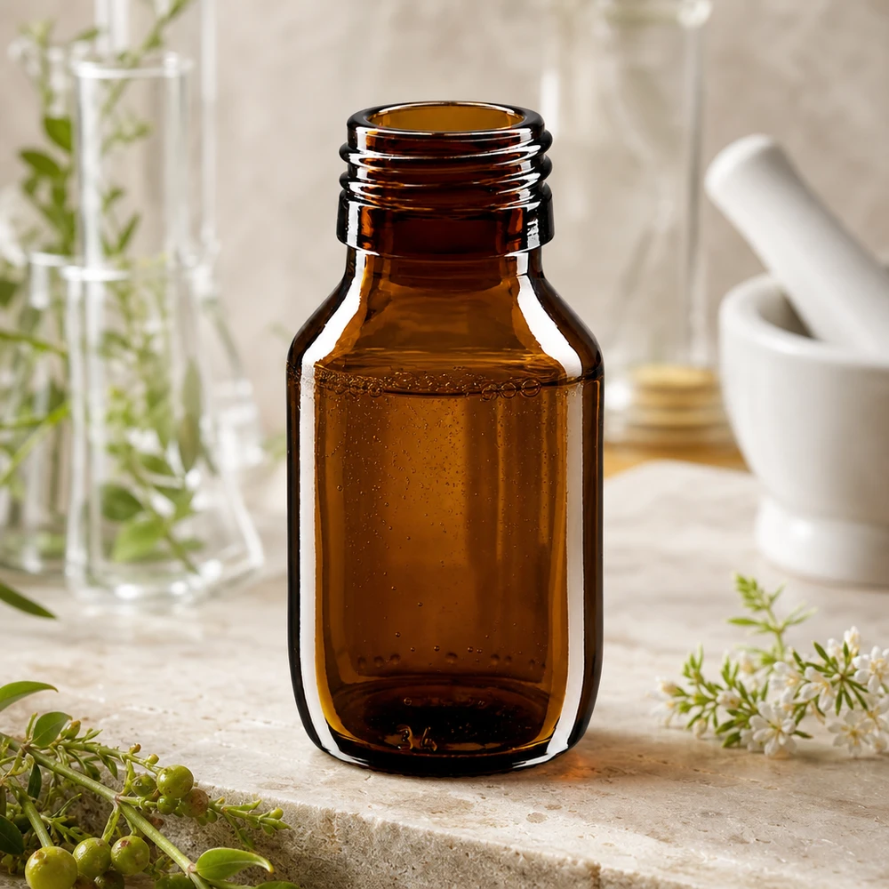 50ml medicinflaska brun, utan lock PP28 ApoGlas Nachhaltige 50ml Medizinflasche aus recycelbarem Braunglas PP28 Thread ApoGlas Design