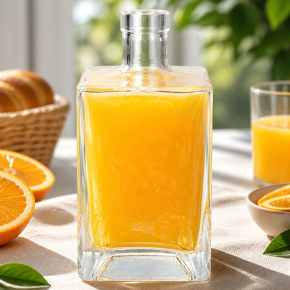 700 ml glasflaska Ben fylld med apelsinjuice på ett frukostbord dukat med färska apelsiner och bakverk