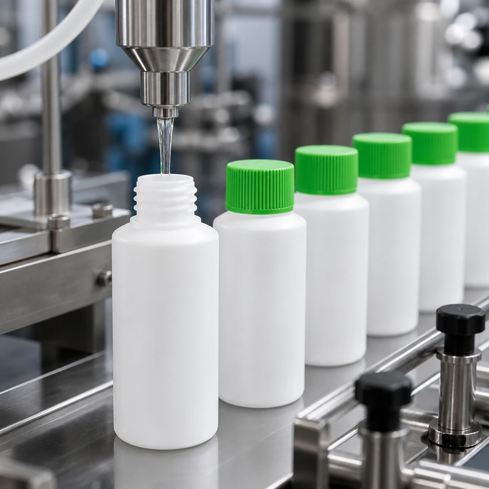 En automatisk tappningsanläggning fyller en vit HDPE-flaska på 30 ml med ett grönt skruvlock