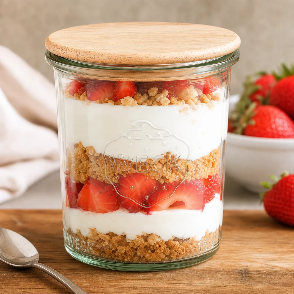 160ml WECK RR60 Krossade glasögon med trälock WECK burk 160ml RR60 med bambulock fylld med jordgubbsdessert Skiktad dessert i konserveringsburk Köksbord