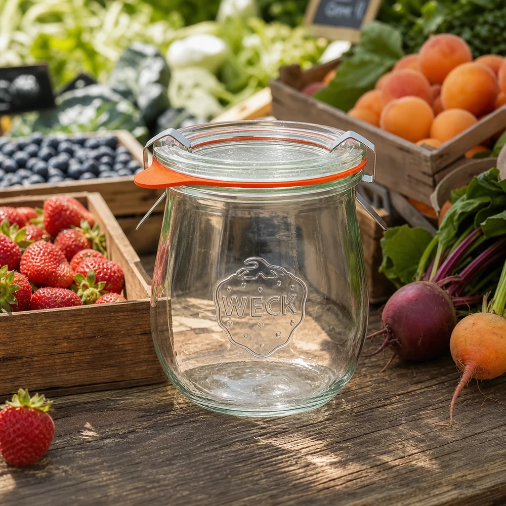 220ml tulpanburk komplett WECK RR60 WECK tulpanburk 220ml RR60 tom på träbord omgiven av färsk frukt och grönsaker från marknaden konserveringsburk set