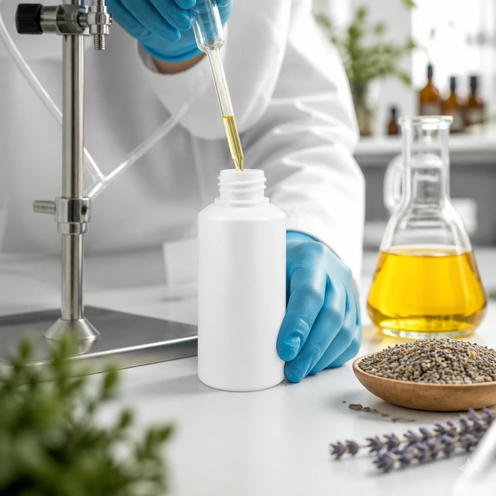 Apoteksflaska HDPE 30ml vit, med blått skruvlock En laboratorieassistent fyller en vit 30 ml HDPE-flaska med eterisk lavendelolja och sätter på ett blått säkerhetslock