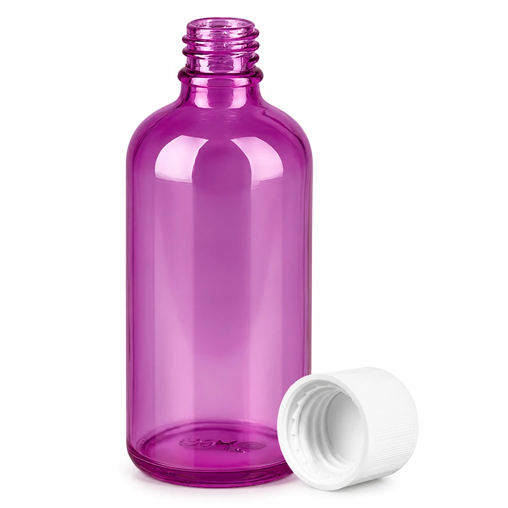 100ml flaska 11mm skruvkork vit standard barnsäker PurpleLine. UT18/100 Lila plastflaska 100ml med UT18-gänga och vitt lock för flytande produkter